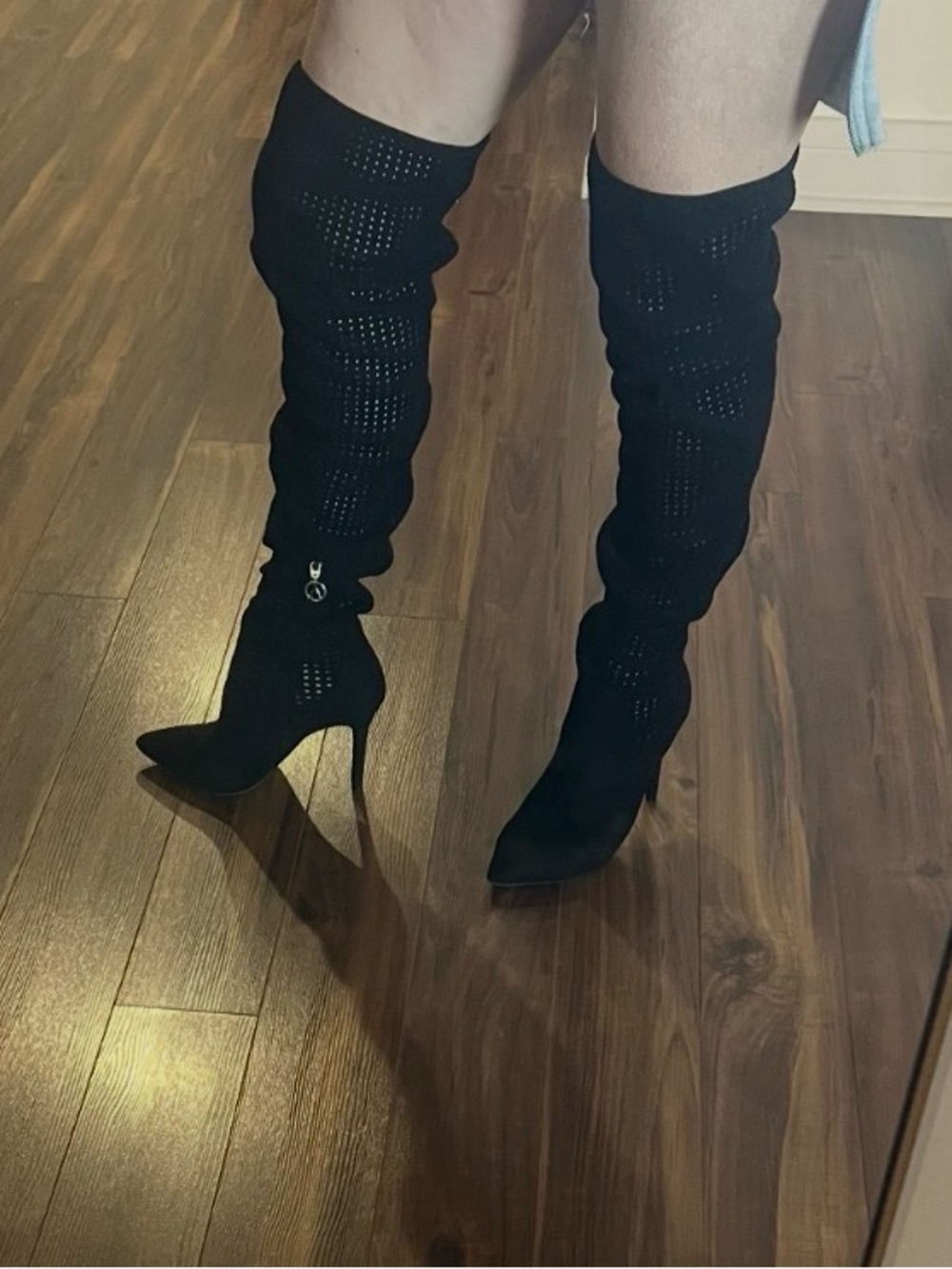 Black Over-the-Knee Stiletto Boots with Cutout Knit Shaft
